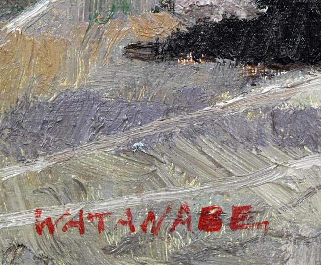 渡辺正敏「漁船の白い船」油絵・F10号 サイン部分