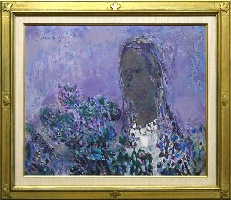 渡邊眞利(渡辺)「花と少女」油絵・F8号