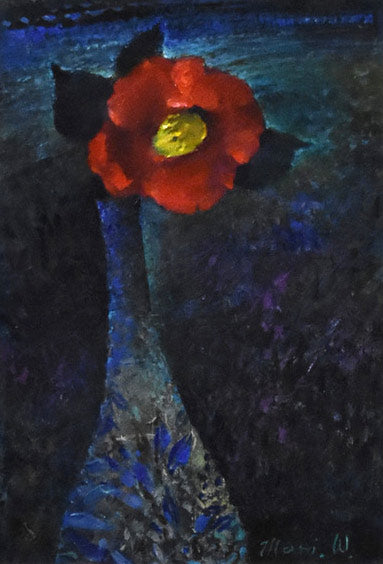 渡邊眞利(渡辺)「椿」油絵・変形(21.5×14.6cm) 作品全体画像