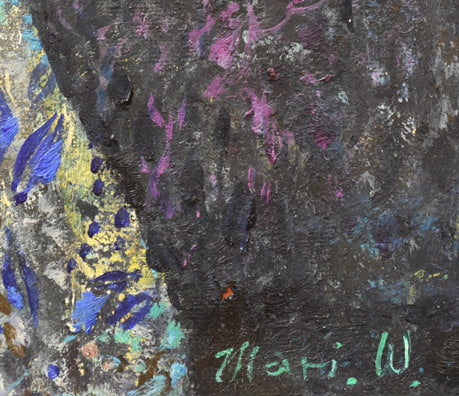 渡邊眞利(渡辺)「椿」油絵・変形(21.5×14.6cm) サイン拡大画像