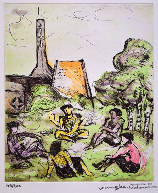 渡会純价「チャペル前(北星学園大学)」銅版画 作品全体拡大画像