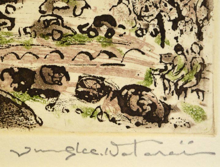 渡会純价「はなやぐ街（札幌大通公園）」銅版画・1988年作　本人直筆鉛筆サイン部分