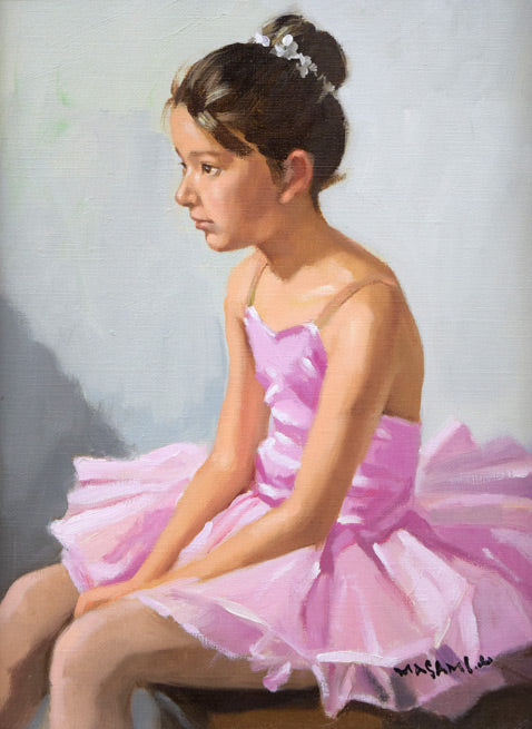 山岸正巳「小さなバレリーナ少憩」油絵・F4号 作品全体拡大画像