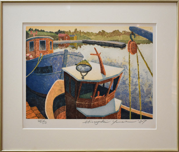水彩画「漁港－エビ網を干す」 風景画 - 美術品