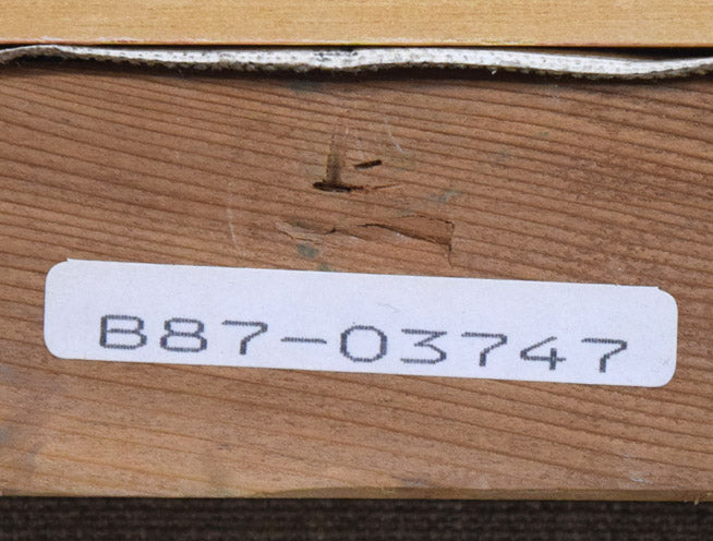 山崎翠祥「薔薇(金縁)」油絵・F4号 裏書き拡大画像1(「一枚の繪」管理番号シール)