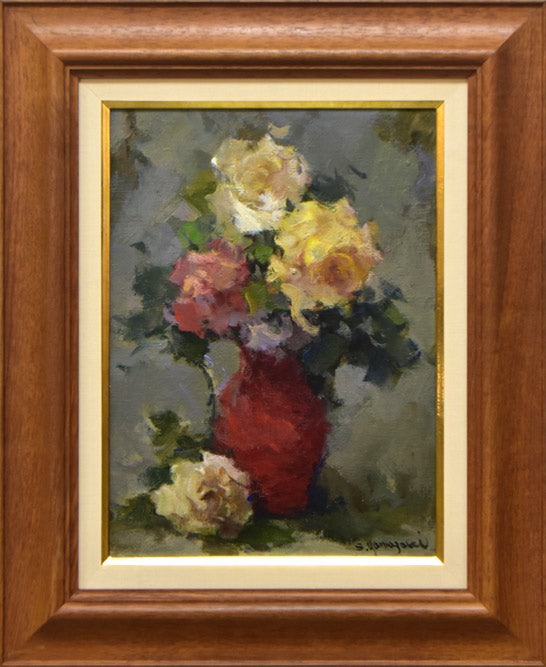 山崎翠祥「薔薇(木製額)」油絵・F4号