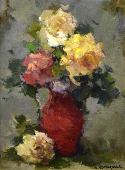 山崎翠祥「薔薇(木製額)」油絵・F4号 作品全体拡大画像