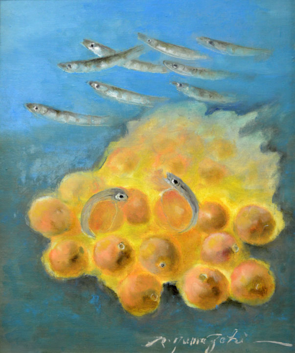 山崎隆治「稚魚誕生」油絵・F8号 作品全体画像
