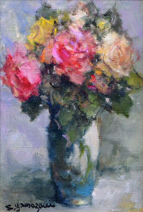 山崎翠祥「薔薇(木製額)」油絵・SM 拡大部分