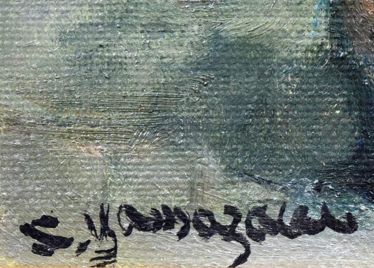 山崎翠祥「薔薇(木製額)」油絵・SM サイン部分