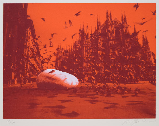 安田侃「意心帰：ミラノ鳩が舞う」シルクスクリーン版画　作品全体拡大画像