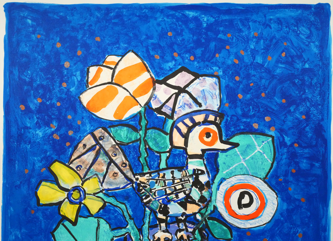 ポール・アイズピリ(Paul　AIZPIRI)「青い背景の鳥と花束（極楽鳥）」リトグラフ・20号　拡大画像1