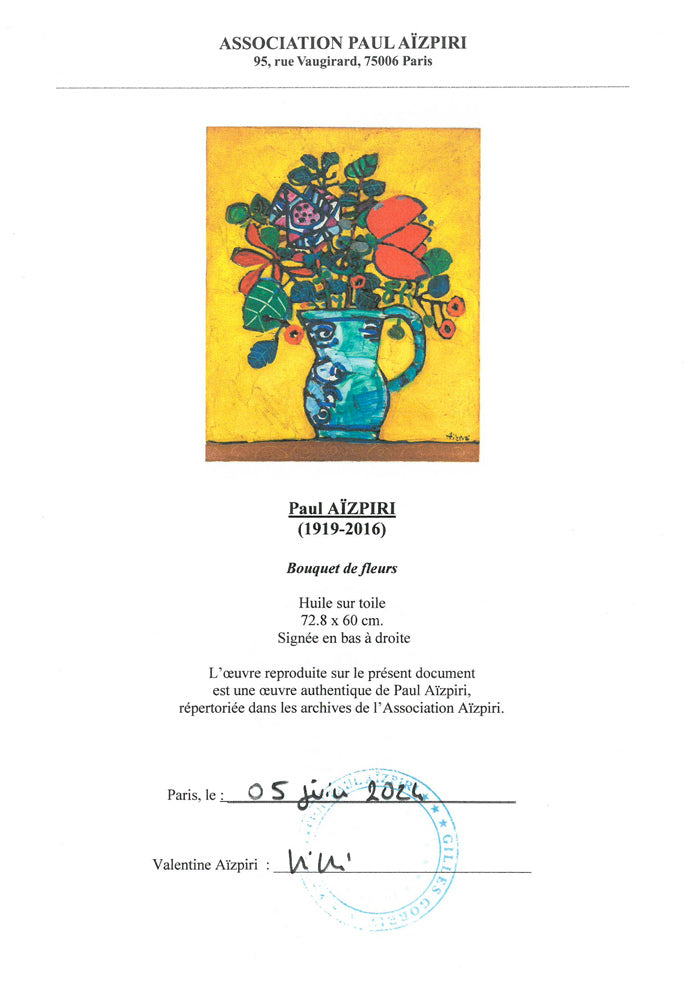 ポール・アイズピリ(Paul　AIZPIRI)「花束（Bouquet　de　fleurs）」油絵・仏F20号　「Association Aizpiri」鑑定書画像