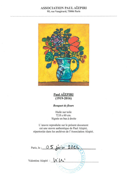 ポール・アイズピリ(Paul　AIZPIRI)「花束（Bouquet　de　fleurs）」油絵・仏F20号　「Association Aizpiri」鑑定書画像