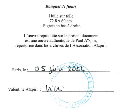 ポール・アイズピリ(Paul　AIZPIRI)「花束（Bouquet　de　fleurs）」油絵・仏F20号　「Association Aizpiri」鑑定書画像　拡大画像