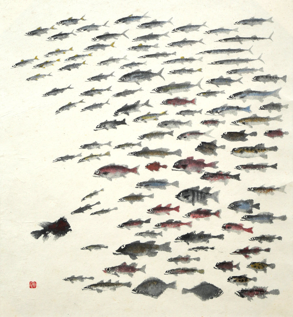 赤穴宏「百魚図」肉筆彩色図　作品全体拡大画像