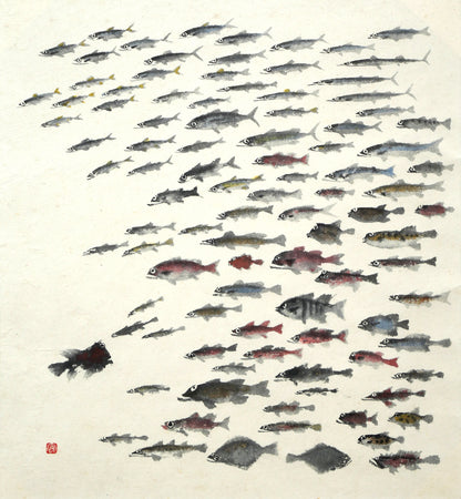 赤穴宏「百魚図」肉筆彩色図　作品全体拡大画像
