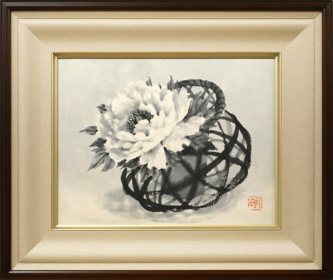 穐月明「籠の牡丹」水墨画・F6号