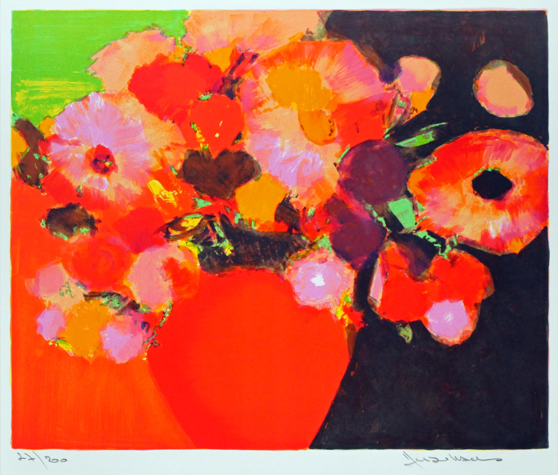 ジャン＝クロード　アレンバック（Jean-Claude　ALLENBACH）「赤い花瓶の花」リトグラフ　作品全体画像