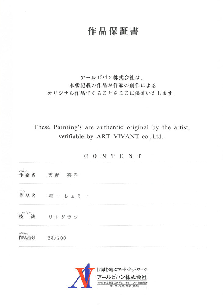 天野喜孝「翔（しょう・吸血鬼ハンターD）」リトグラフ　作品保証書