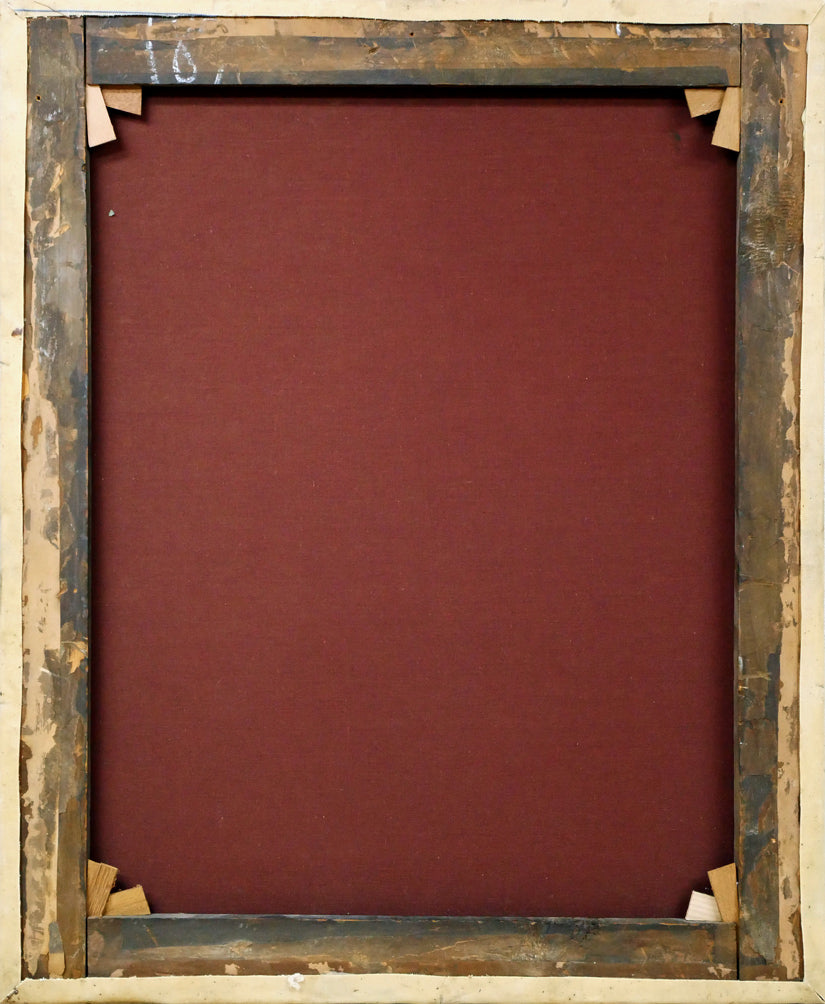 アルフレッド　ディクソン（Alfred　Dixon）「教会のそばの少女」油絵・変形20号　キャンバス裏側画像（キャンバスによる裏打ち）