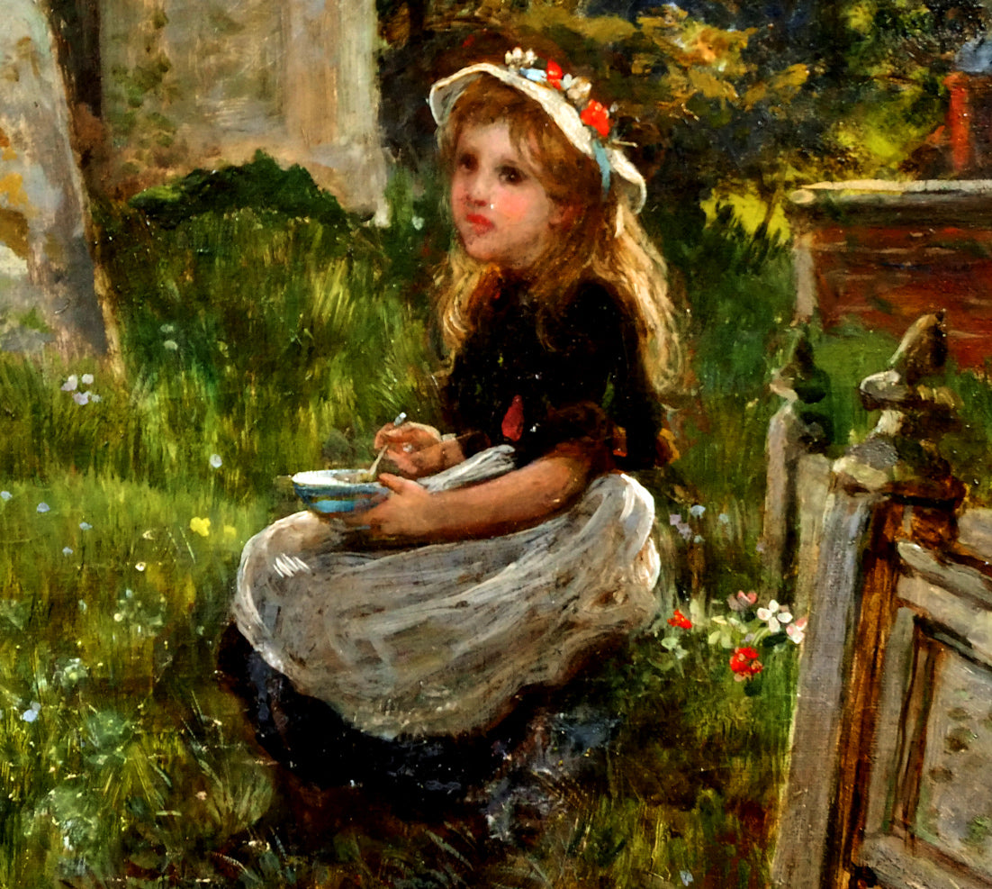 アルフレッド　ディクソン（Alfred　Dixon）「教会のそばの少女」油絵・変形20号　拡大画像7