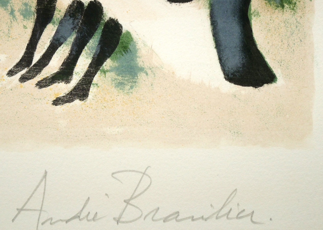 アンドレ　ブラジリエ（Andre　Brasilier）「乗馬服の一行（黄）」リトグラフ　本人直筆鉛筆サイン