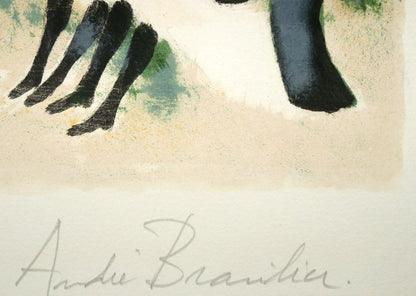 アンドレ　ブラジリエ（Andre　Brasilier）「乗馬服の一行（黄）」リトグラフ　本人直筆鉛筆サイン