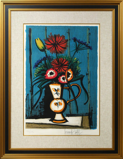 ベルナール・ビュッフェ（Bernard　BUFFET）「青い背景の花束」リトグラフ