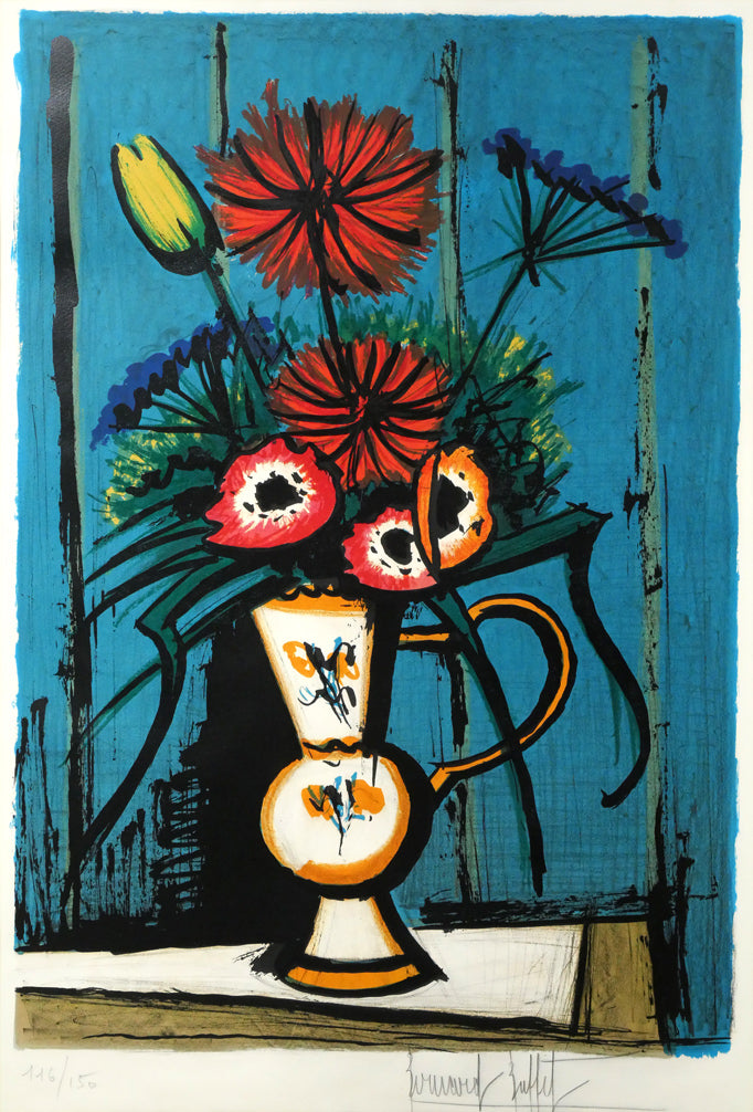 ベルナール・ビュッフェ（Bernard　BUFFET）「青い背景の花束」リトグラフ　作品全体画像