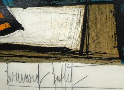 ベルナール・ビュッフェ（Bernard　BUFFET）「青い背景の花束」リトグラフ　本人直筆鉛筆サイン