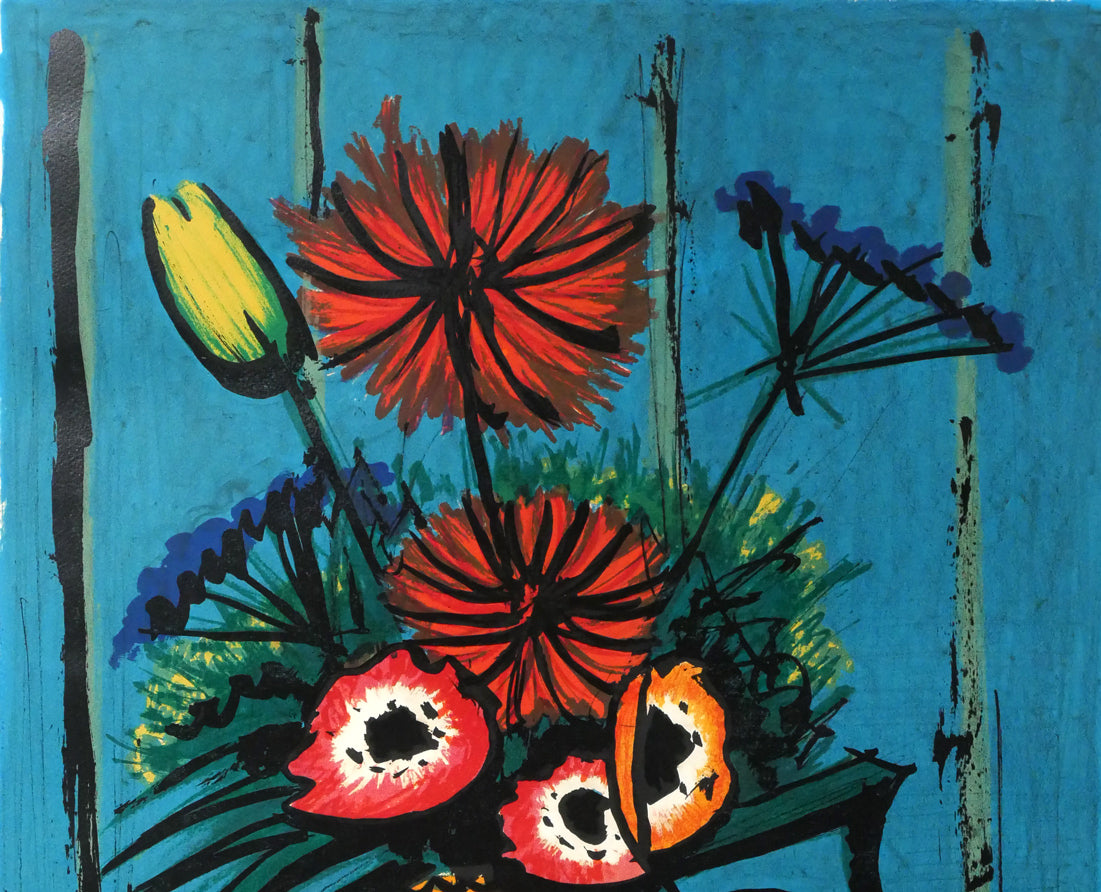 ベルナール・ビュッフェ（Bernard　BUFFET）「青い背景の花束」リトグラフ　拡大画像1