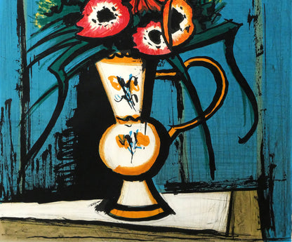 ベルナール・ビュッフェ（Bernard　BUFFET）「青い背景の花束」リトグラフ　拡大画像4