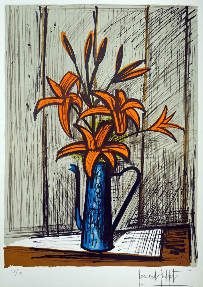 ベルナール・ビュッフェ（Bernard　BUFFET）「オレンジ色のユリ」リトグラフ　作品全体画像