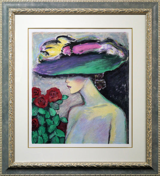 ジャン・ピエール・カシニョール(JEAN　PIERRE　CASSIGNEUL)「バラの花束とプロフィール」リトグラフ