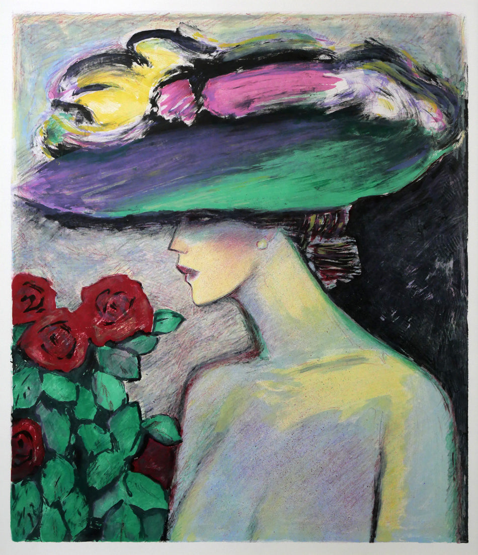 ジャン・ピエール・カシニョール(JEAN　PIERRE　CASSIGNEUL)「バラの花束とプロフィール」リトグラフ　作品全体画像