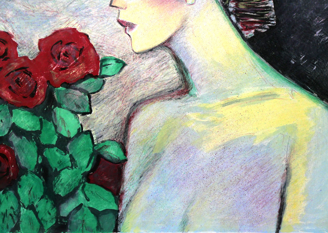 ジャン・ピエール・カシニョール(JEAN　PIERRE　CASSIGNEUL)「バラの花束とプロフィール」リトグラフ　拡大画像3