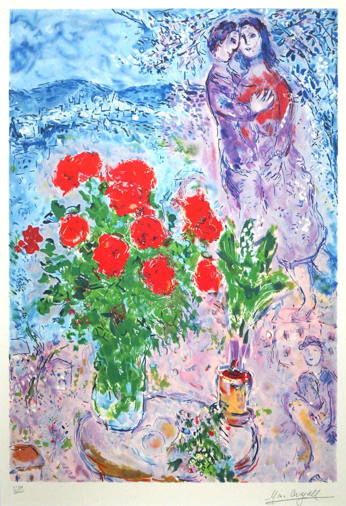 マルク　シャガール(Marc　Chagall)「赤い薔薇と恋人たち」リトグラフ　作品全体画像