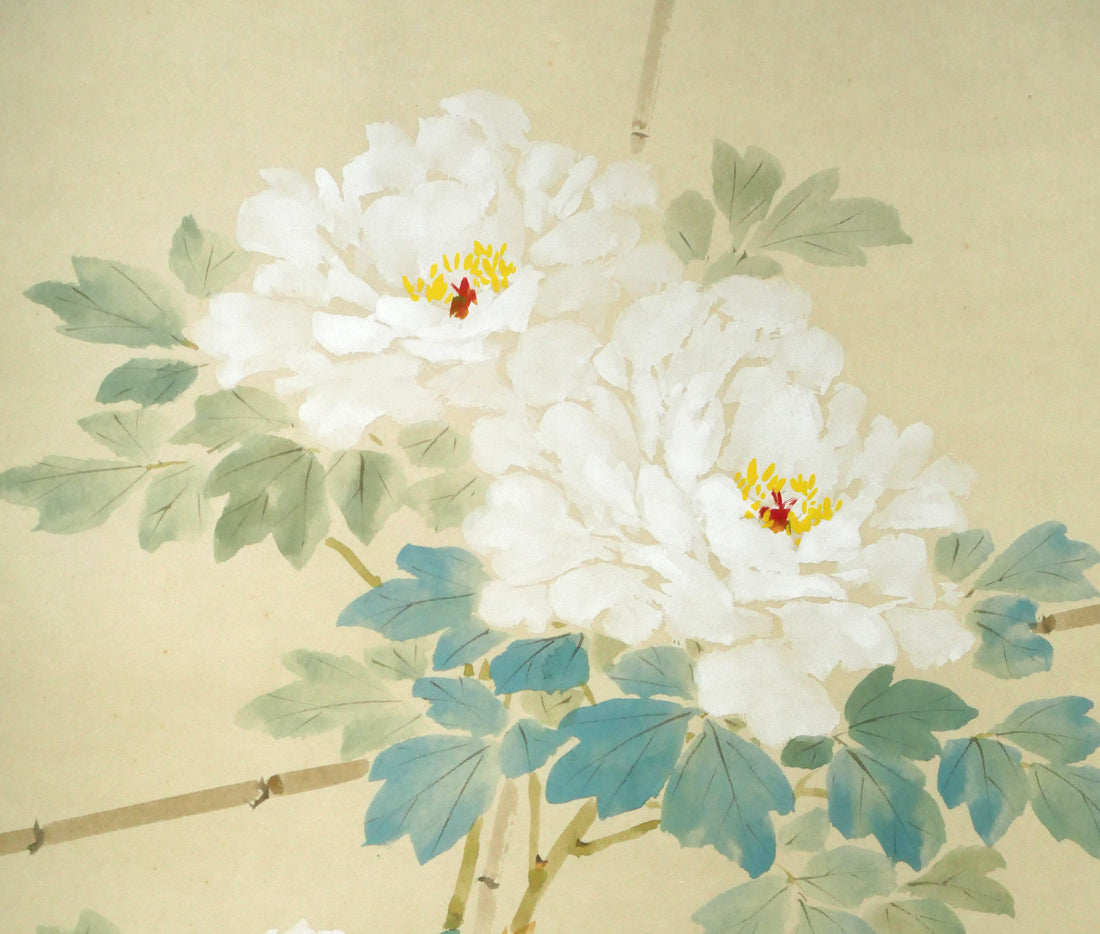 出口華凰「牡丹に小禽」彩色紙本掛軸尺五立・太巻・共箱　拡大画像2
