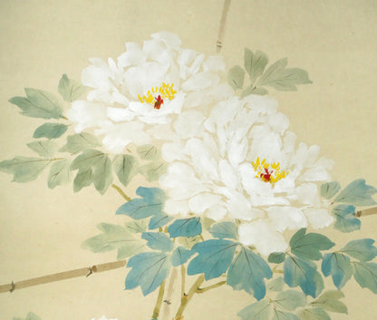 出口華凰「牡丹に小禽」彩色紙本掛軸尺五立・太巻・共箱　拡大画像2