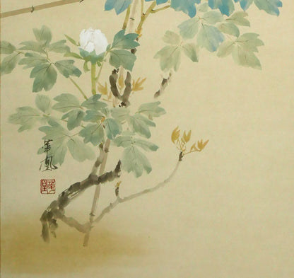 出口華凰「牡丹に小禽」彩色紙本掛軸尺五立・太巻・共箱　拡大画像3