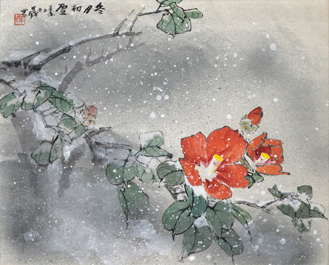 田　鏞（Tian　Yong）「冬月初雪」肉筆彩色画・15号　作品全体拡大画像