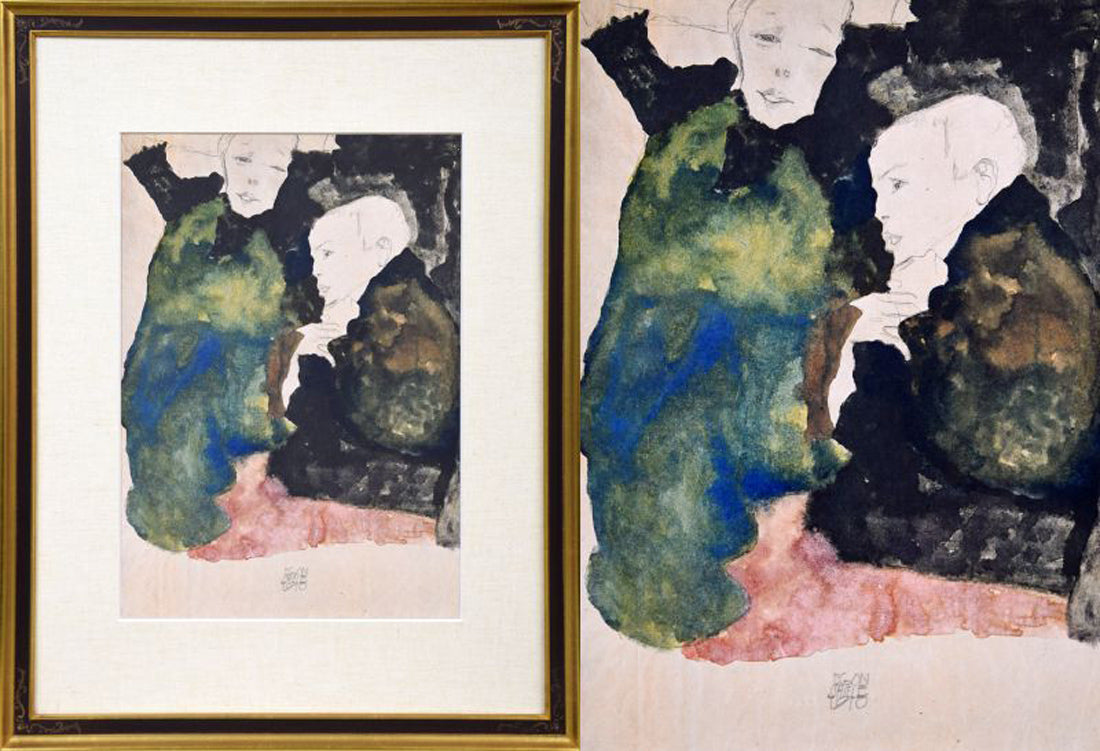 エゴン・シーレ「EGON　SCHIELE」リトグラフ・ポートフォリオ（10枚セット額縁付き）　⑥「郊外の子どもたち」（額寸65.5×50.4cm）