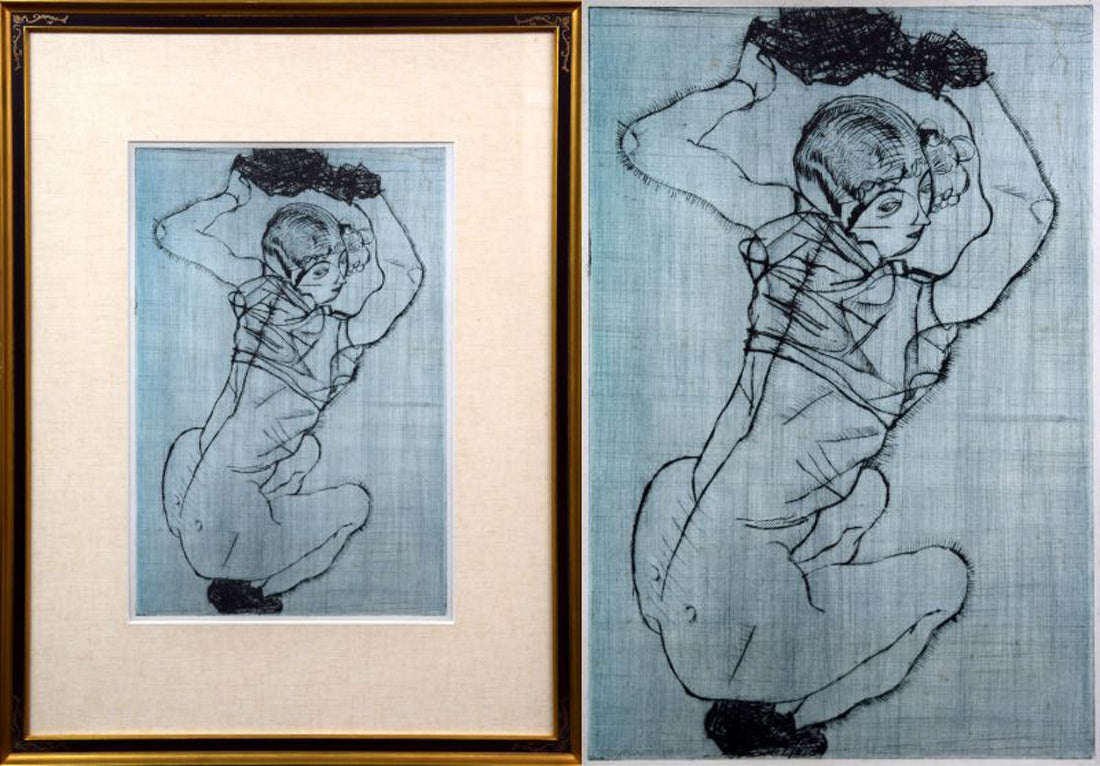エゴン・シーレ「EGON　SCHIELE」リトグラフ・ポートフォリオ（10枚セット額縁付き）　⑩「ひざまづく少女」（額寸77.7×60cm）