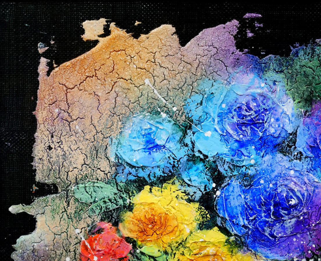 美品 藤岡しんたろう「青バラと汽車」キャンバスに油彩画 サイン入 一枚の絵取扱 藤岡しんたろう「青いバラと自転車」油絵・F3号 絵画買取・販売の小竹美術