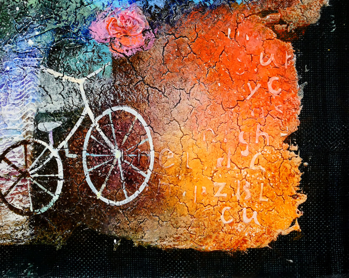 藤岡しんたろう「青いバラと自転車」油絵・F3号 絵画買取・販売の小竹美術