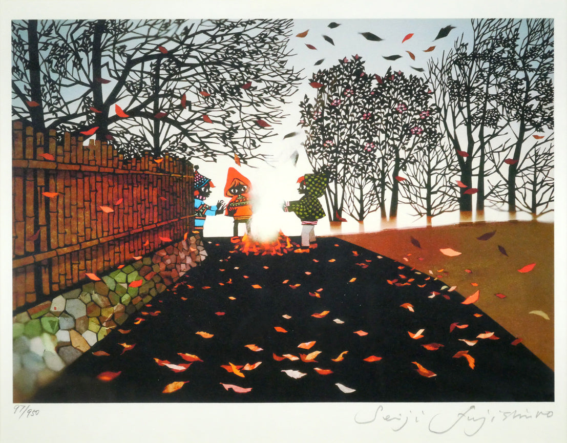 藤城清治「たき火（日本の愛唱歌・12月）」レフグラフ版画　作品全体画像