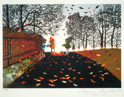 藤城清治「たき火（日本の愛唱歌・12月）」レフグラフ版画　作品全体画像