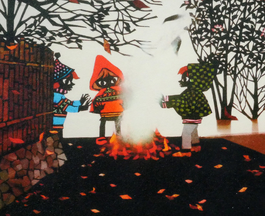 藤城清治「たき火（日本の愛唱歌・12月）」レフグラフ版画　拡大画像5