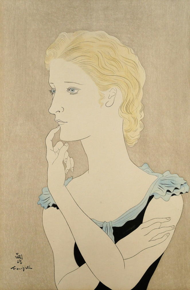 藤田嗣治「フランス娘」木版画　作品全体画像